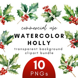 Clipart de azevinho de Natal em aquarela - 10 fundo transparente PNG para uso comercial download instantâneo