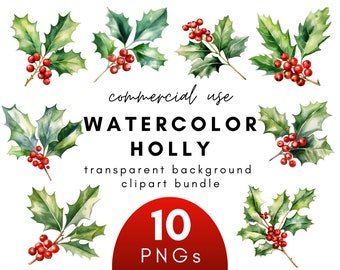 Watercolor Christmas Holly Clipart- 10 Transparent Background PNG Commercial Use Instant Download