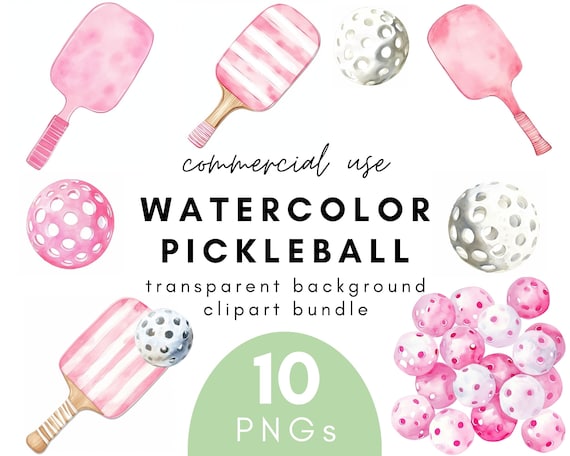 Pink Watercolor Pickleball Clipart- 10 Transparent Background PNG Commercial Use Instant Download