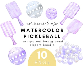 Purple Watercolor Pickleball Clipart- 10 Transparent Background PNG Commercial Use Instant Download