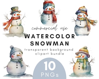 Watercolor Snowman Clipart- 10 Transparent Background PNG Commercial Use Instant Download