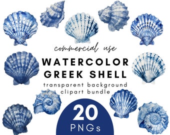 Nautisk akvarell snäckskal Clipart - 20 transparent bakgrund PNG kommersiell användning direkt nedladdning