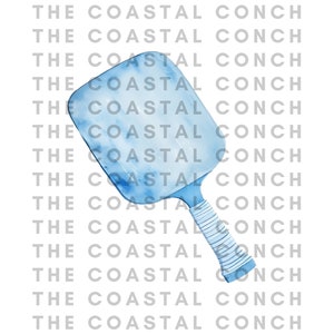 May include: A light blue paddleball racket with a white and blue patterned grip. The racket is made of wood and has a rounded shape.