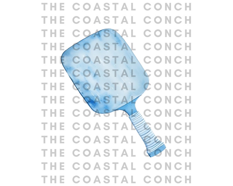 May include: A light blue paddleball racket with a white and blue patterned grip. The racket is made of wood and has a rounded shape.