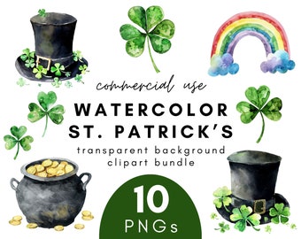 Lucky Watercolor St. Patrick's Day Clipart- 10 Transparent Background PNG Commercial Use Instant Download