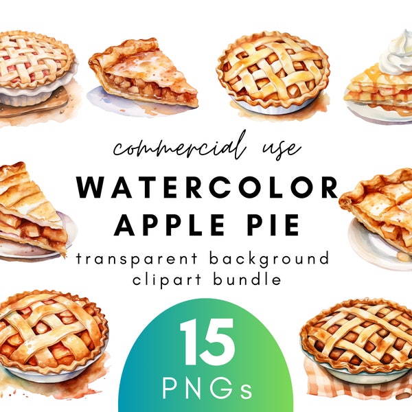 Autumn Watercolor Apple Pie Clipart- 15 Transparent Background PNG Commercial Use Instant Download