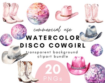 Pink Watercolor Disco Cowgirl Clipart- 20 Transparent Background PNG Commercial Use Instant Download