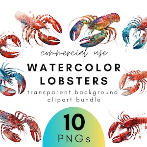 Nautical Watercolor Lobster Clipart- 10 Transparent Background PNG Commercial Use Instant Download