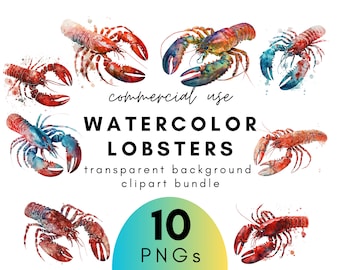 Nautical Watercolor Lobster Clipart- 10 Transparent Background PNG Commercial Use Instant Download