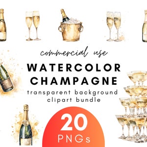 Elegante Aquarela Champanhe Clipart - 20 Fundo Transparente PNG Uso Comercial Download Instantâneo