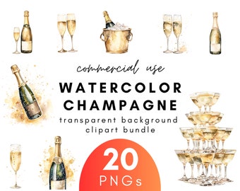Elegant Watercolor Champagne Clipart- 20 Transparent Background PNG Commercial Use Instant Download