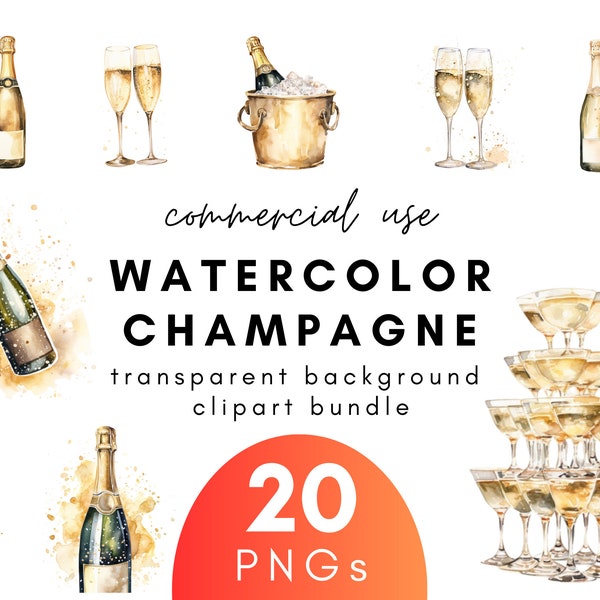 Elegant Watercolor Champagne Clipart- 20 Transparent Background PNG Commercial Use Instant Download