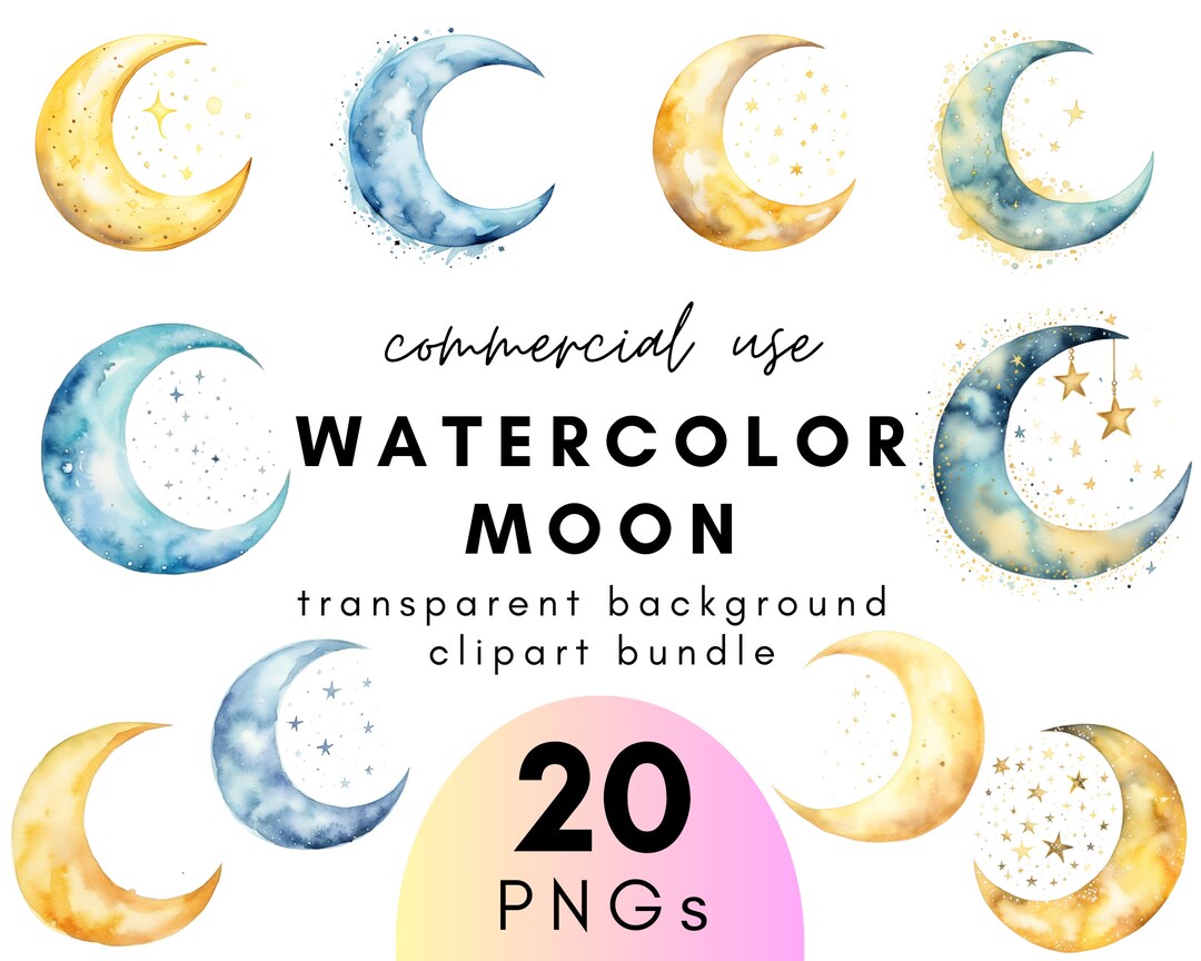Dreamy Watercolor Moon Clipart- 20 Transparent Background PNG ...