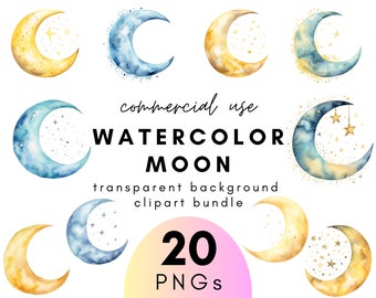 Dreamy Watercolor Moon Clipart- 20 Transparent Background PNG Commercial Use Instant Download