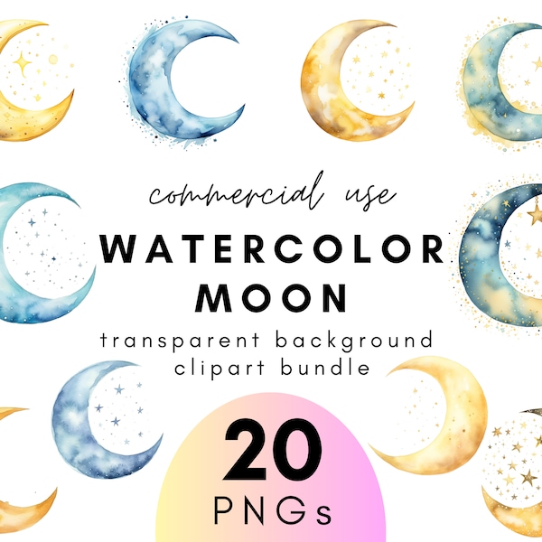 Dreamy Watercolor Moon Clipart- 20 Transparent Background PNG Commercial Use Instant Download