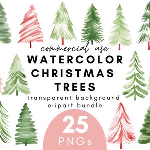 Watercolor Christmas Tree Clipart- 25 Transparent Background PNG Commercial Use Instant Download