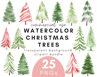 Watercolor Christmas Tree Clipart- 25 Transparent Background PNG Commercial Use Instant Download