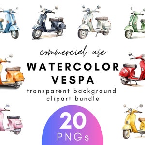 Vintage Watercolor Vespa Clipart- 20 Transparent Background PNG Commercial Use Instant Download