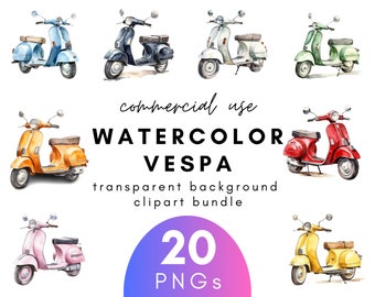 Vintage Watercolor Vespa Clipart- 20 Transparent Background PNG Commercial Use Instant Download