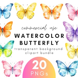 Cute Watercolor Butterfly Clipart- 20 Transparent Background PNG Commercial Use Instant Download
