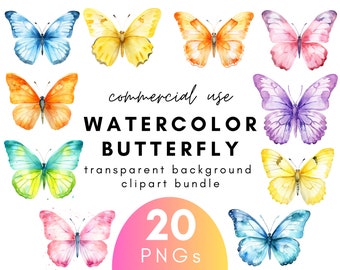 May include: Watercolor butterfly clipart bundle featuring 20 PNGs. The image showcases a variety of colorful butterflies in shades of blue, yellow, orange, pink, and purple. Text on the image reads "commercial use WATERCOLOR BUTTERFLY transparent background clipart bundle".
