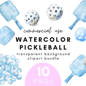 May include: Watercolor clipart bundle of pickleball paddles and balls. The set includes 10 PNG files with transparent backgrounds. The paddles are blue and white, and the balls are blue and white with a textured surface.