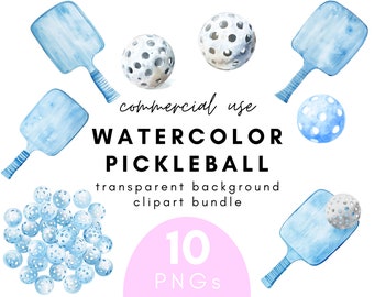Blue Watercolor Pickleball Clipart- 10 Transparent Background PNG Commercial Use Instant Download