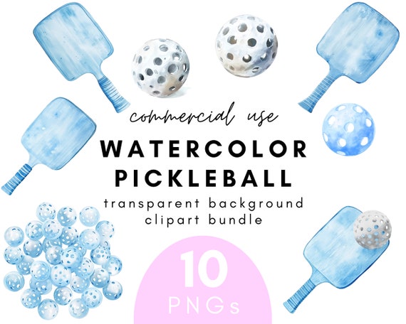 Blue Watercolor Pickleball Clipart- 10 Transparent Background PNG Commercial Use Instant Download