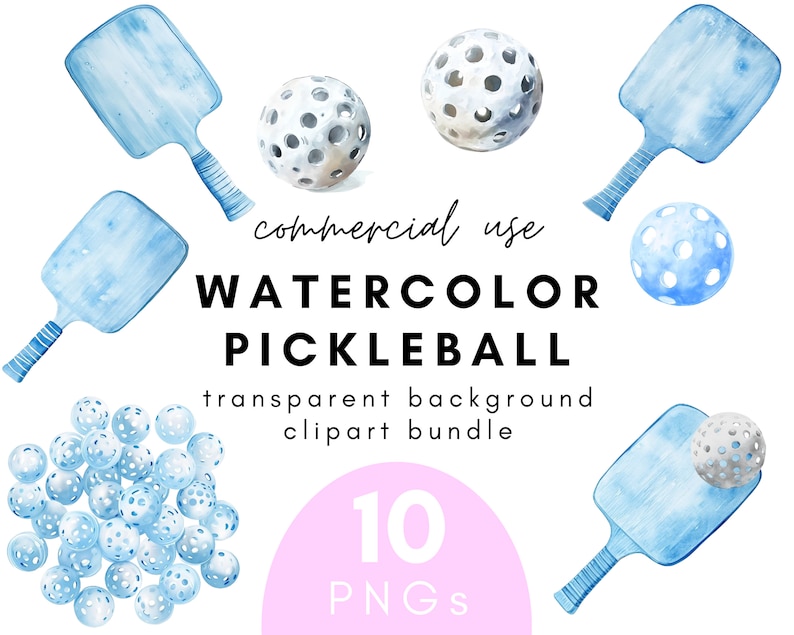 May include: Watercolor clipart bundle of pickleball paddles and balls. The set includes 10 PNG files with transparent backgrounds. The paddles are blue and white, and the balls are blue and white with a textured surface.