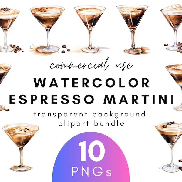 Watercolor Espresso Martini Clipart- 10 Transparent Background PNG Commercial Use Instant Download