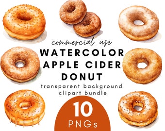 Autumn Watercolor Apple Cider Donut Clipart- 10 Transparent Background PNG Commercial Use Instant Download