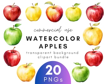Autumn Watercolor Apple Clipart- 20 Transparent Background PNG Commercial Use Instant Download