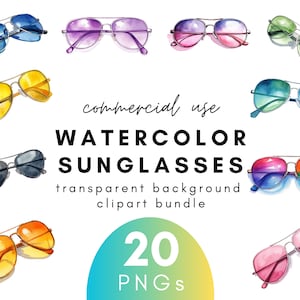 Colorful Watercolor Sunglasses Clipart- 20 Transparent Background PNG Commercial Use Instant Download