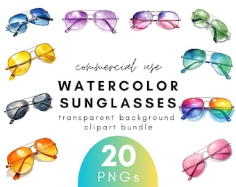 Colorful Watercolor Sunglasses Clipart- 20 Transparent Background PNG Commercial Use Instant Download