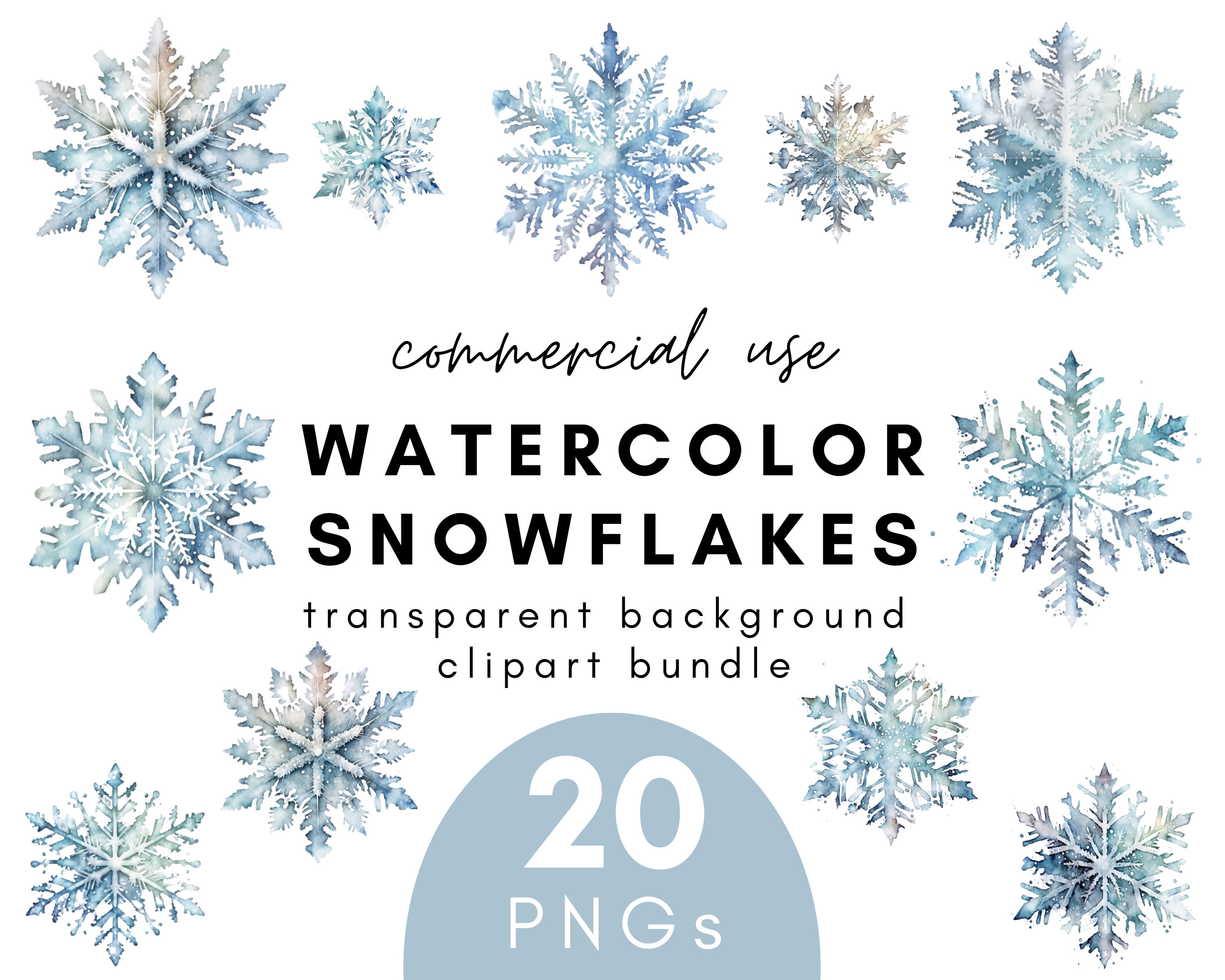Watercolor Snowflake Clipart- 20 Transparent Background PNG Commercial Use Instant Download