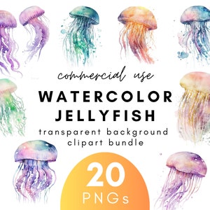 Colorful Watercolor Jellyfish Clipart- 20 Transparent Background PNG Commercial Use Instant Download