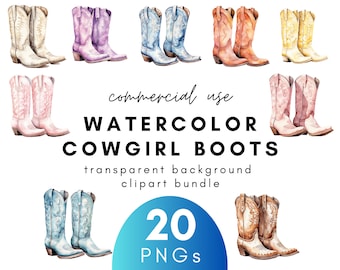 Watercolor Cowgirl Boots Clipart- 20 Transparent Background PNG Commercial Use Instant Download