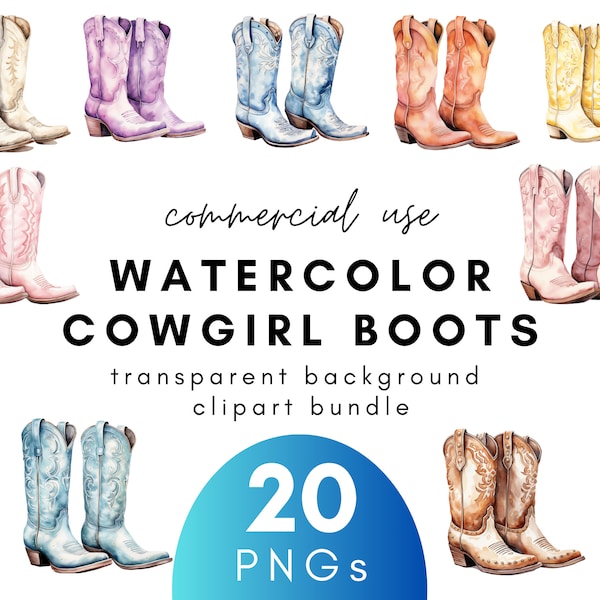 Watercolor Cowgirl Boots Clipart- 20 Transparent Background PNG Commercial Use Instant Download