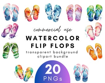 Colorful Watercolor Flip Flop Clipart- 20 Transparent Background PNG Commercial Use Instant Download