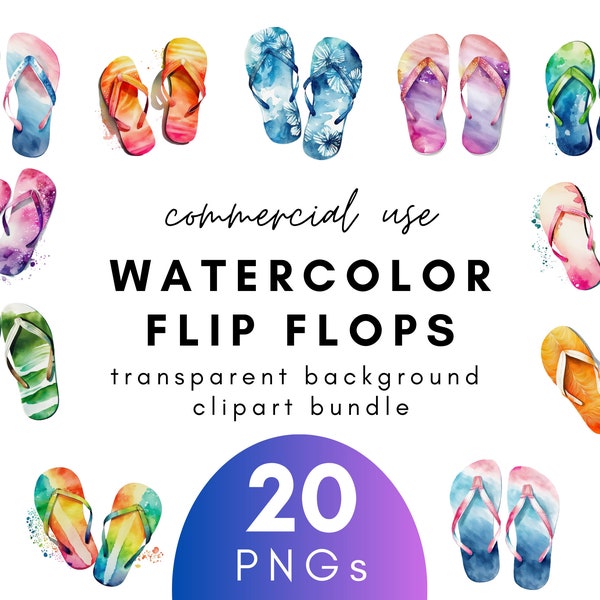 Colorful Watercolor Flip Flop Clipart- 20 Transparent Background PNG Commercial Use Instant Download