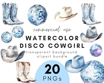 Blue Watercolor Disco Cowgirl Clipart- 20 Transparent Background PNG Commercial Use Instant Download