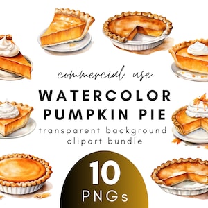 Jesienne akwarele dyniowe ciasto Clipart- 10 Przezroczyste tło PNG Komercyjne użycie Natychmiastowe pobieranie