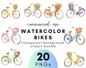 Floral Watercolor Bike Clipart- 20 Transparent Background PNG Commercial Use Instant Download