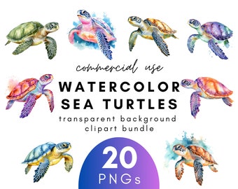 Cute Watercolor Sea Turtle Clipart- 20 Transparent Background PNG Commercial Use Instant Download