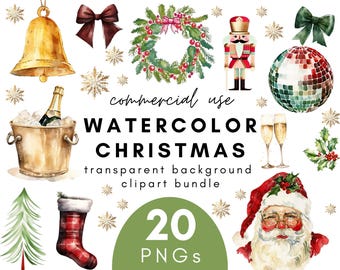 Vintage akvarell jul Clipart-paket - 20 transparenta bakgrunder PNG för kommersiellt bruk direkt nedladdning