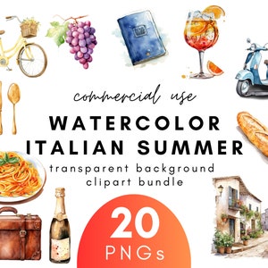 Watercolor Italian Clipart- 20 Transparent Background PNG Commercial Use Instant Download