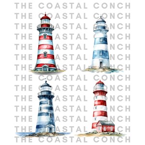 Puede incluir: Cuatro ilustraciones de acuarela de faros. Cada faro est&aacute; pintado con rayas rojas y blancas o azules y blancas. Los faros est&aacute;n sobre un fondo blanco.