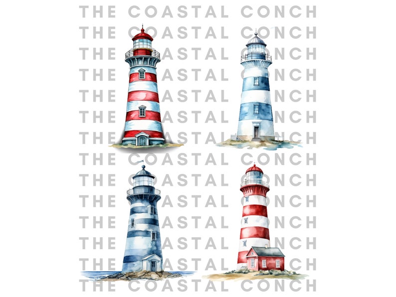 Puede incluir: Cuatro ilustraciones de acuarela de faros. Cada faro est&aacute; pintado con rayas rojas y blancas o azules y blancas. Los faros est&aacute;n sobre un fondo blanco.