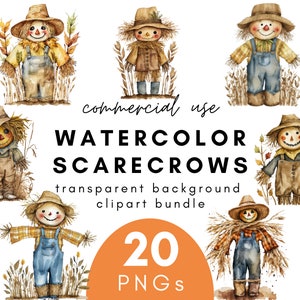 Cute Watercolor Scarecrow Clipart- 20 Transparent Background PNG Commercial Use Instant Download