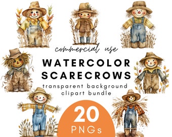 Cute Watercolor Scarecrow Clipart- 20 Transparent Background PNG Commercial Use Instant Download